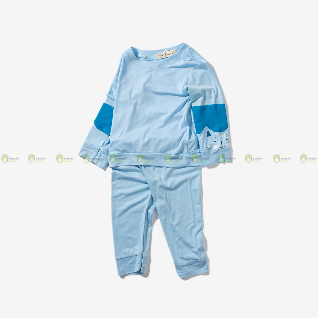 Bộ Dài Tay Thun Lạnh Cho Bé Trai, Bé Gái KIMCHIBABY Hoạ Tiết Phối Tay Tai Thú, Đồ Bộ Mặc Nhà Cho Bé Thu Đông KWTD2210