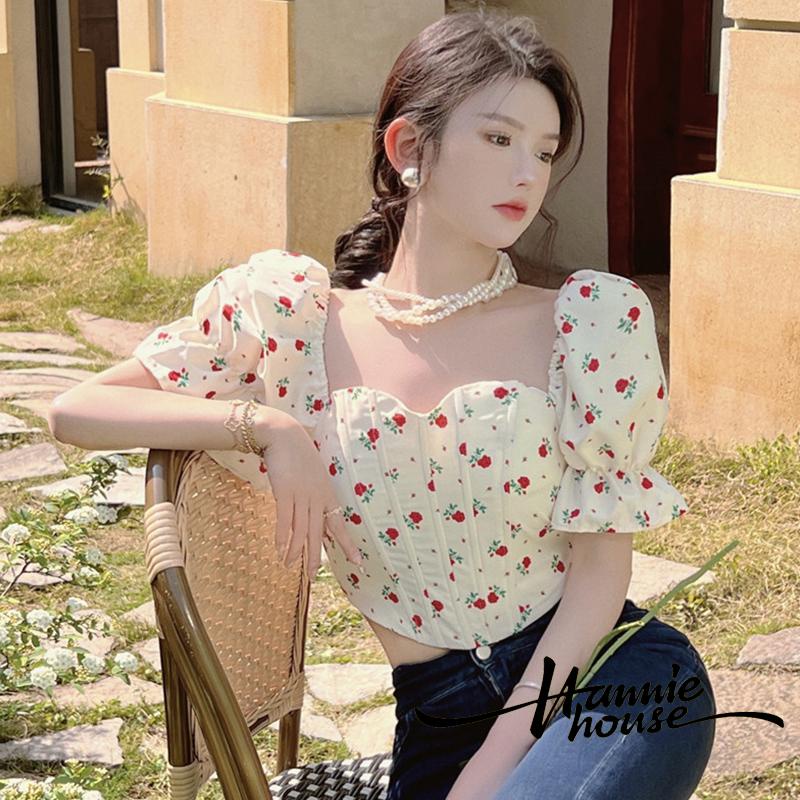 Áo Kiểu Tay Ngắn Phồng Thêu Hoa Nhún Bèo Dành Cho Nữ