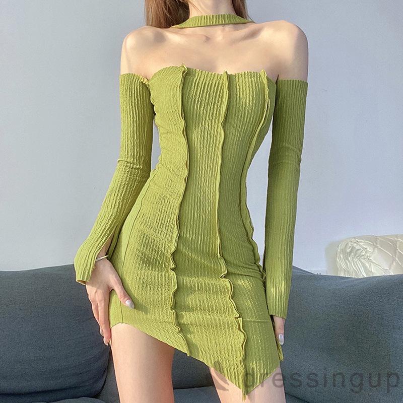 Đầm Trễ Vai Tay Dài Màu Sắc Trơn Thời Trang Mùa Hè Xinh Xắn Cho Nữ