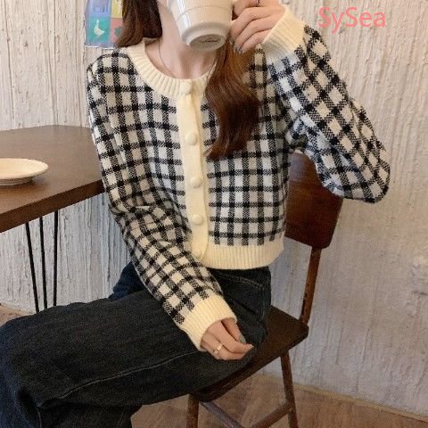 Áo Khoác Cardigan Dệt Kim Kẻ Sọc Caro Phong Cách Hàn Quốc Cho Nữ