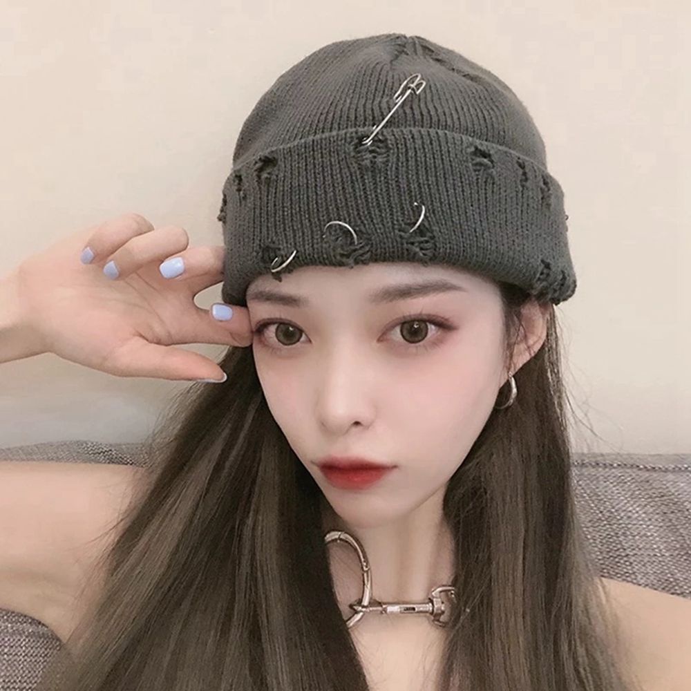 Mũ beanie dệt kim màu trơn thiết kế rách phong cách vintage dễ thương thời trang mùa đông cho nam và nữ