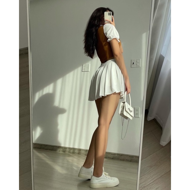 ✅Chân váy xếp ly xoè vạt sau phủ mông XÁM/ĐEN