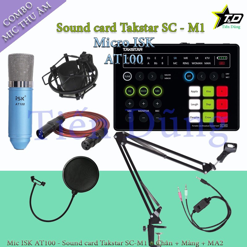 Mic thu âm ISK AT100 chính hãng đi sound card SC M1 có autu-tune chân đế màng lọc dây livestream MA2 trọn bộ đầy đủ