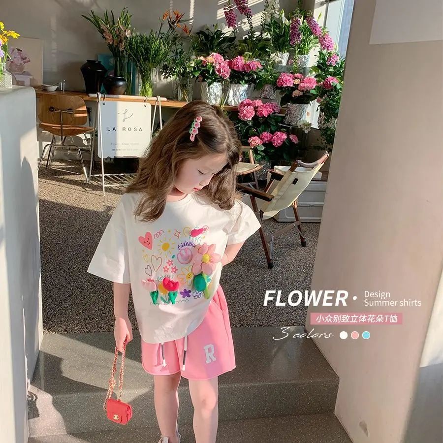 Set Áo Thun Ngắn Tay + Quần Short In Hoa Mới Cho Bé Gái