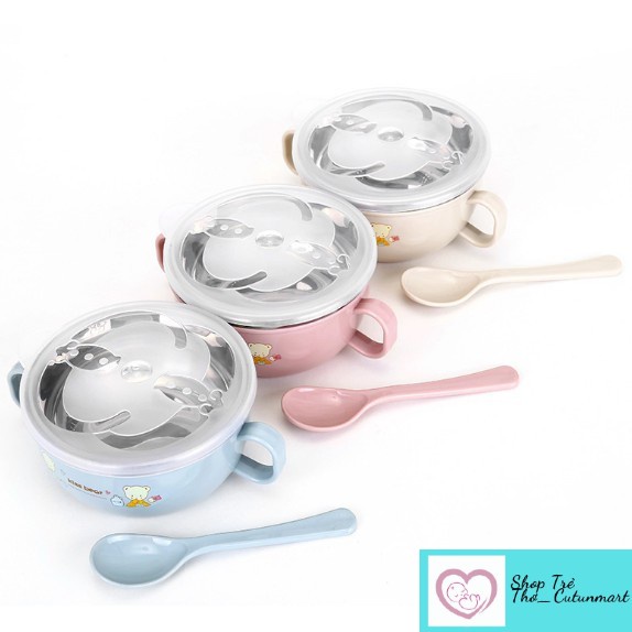 Bát ăn dặm giữ nhiệt 2 lớp ruột inox kèm thìa và nắp đậy có 2 tai cầm cho bé