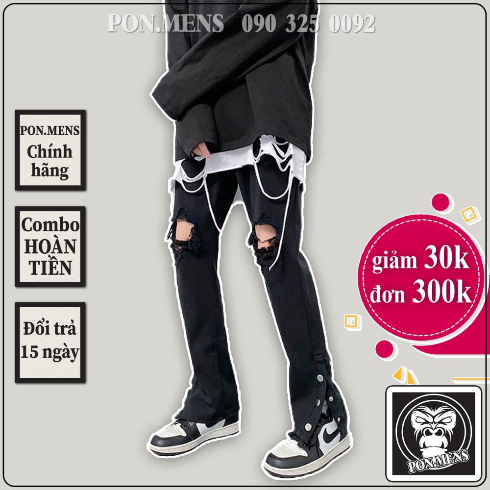 Quần bò ống rộng nam nữ rách gối màu đen khuy bấm 2 bên đẹp mới 2022 hà nội hcm Pon.mens
