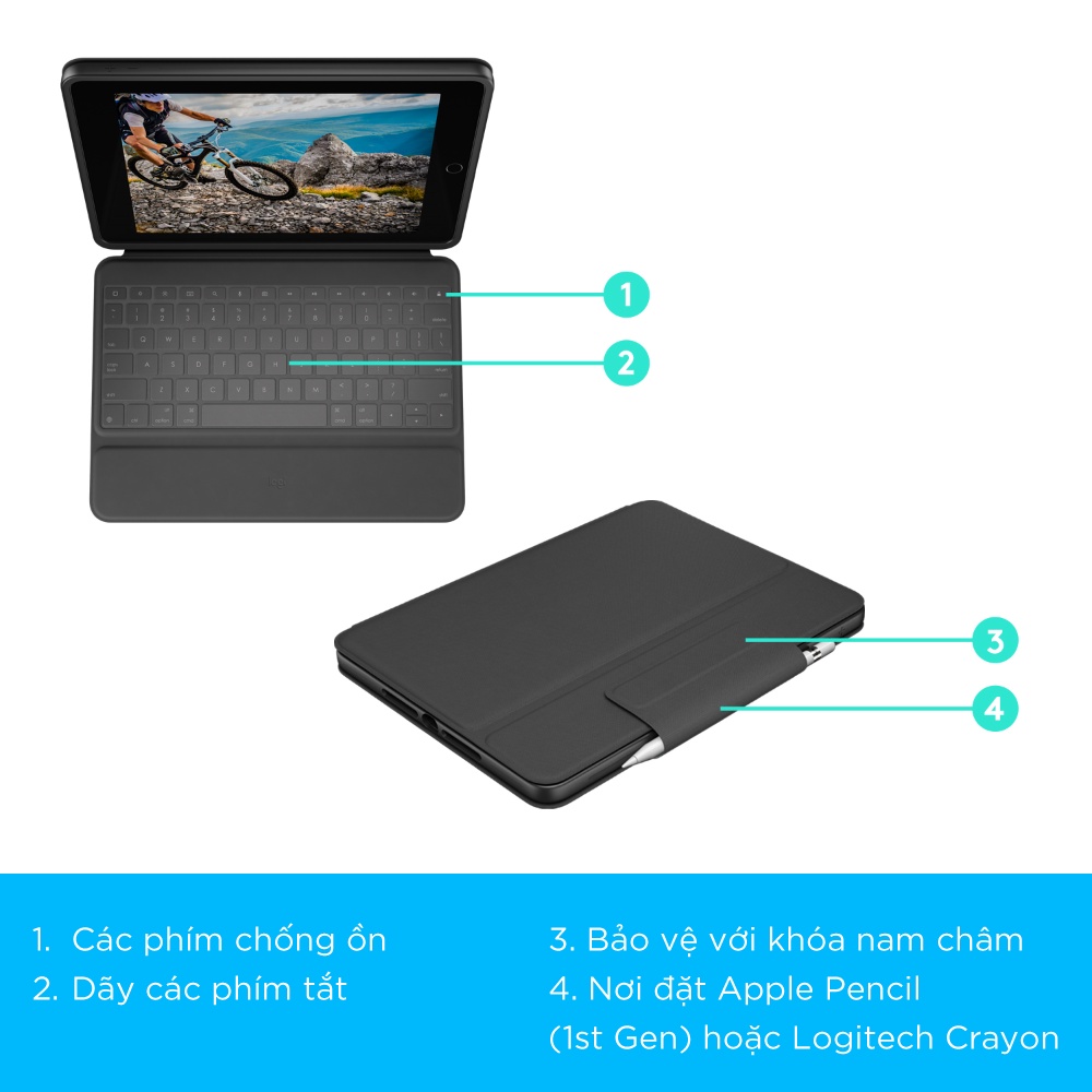 Bao da kèm bàn phím Logitech Rugged Folio dành cho ipad Gen 7, 8, 9 - Chống sốc, bảo vệ chắc chắn, Mỏng