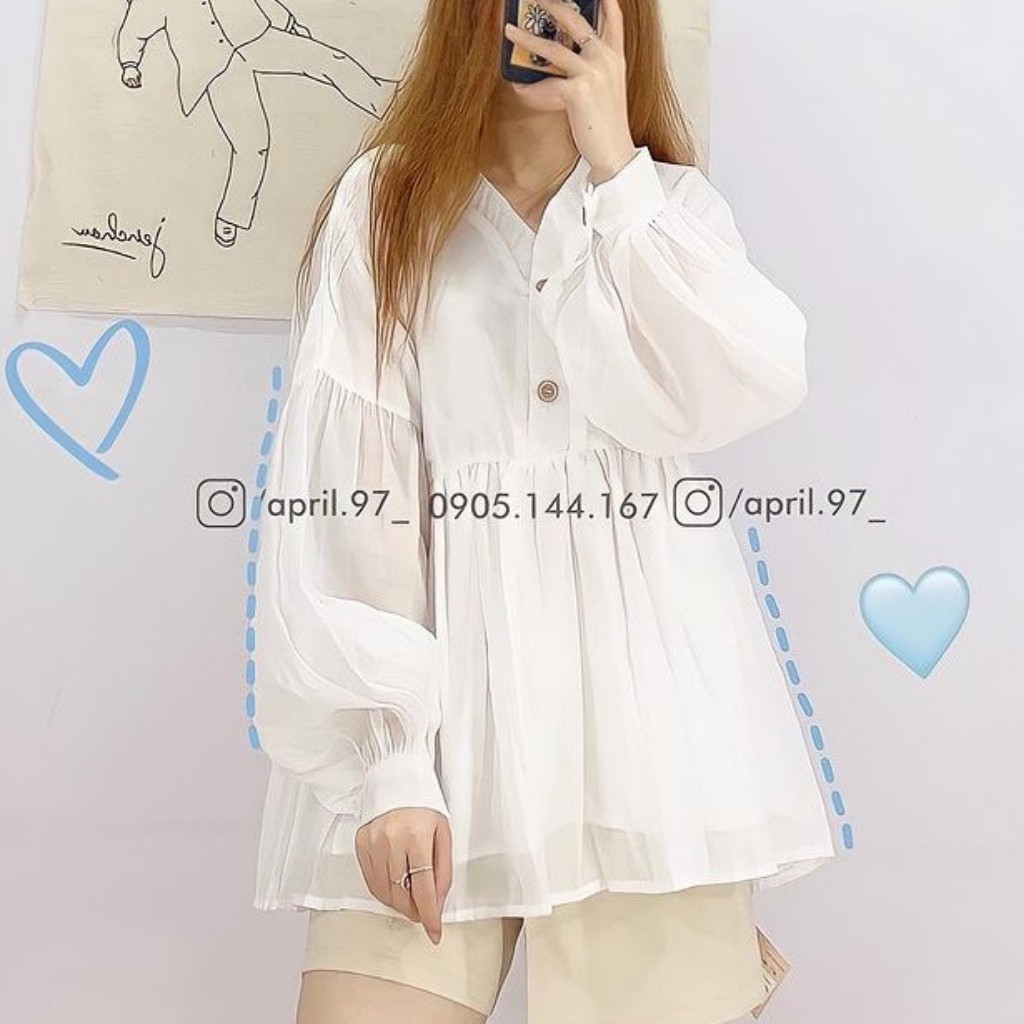 Áo babydoll voan tơ tay bồng nút giả gỗ cực xinh cho nữ, phong cách Hàn Quốc (ảnh thật)- Hàng có sẵn