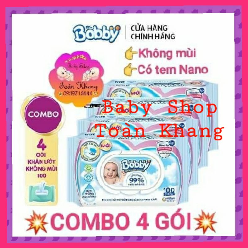 BỘ 4 GÓI KHĂN BOBBY NANO BẠC KHÁNG KHUẨN 100 TỜ