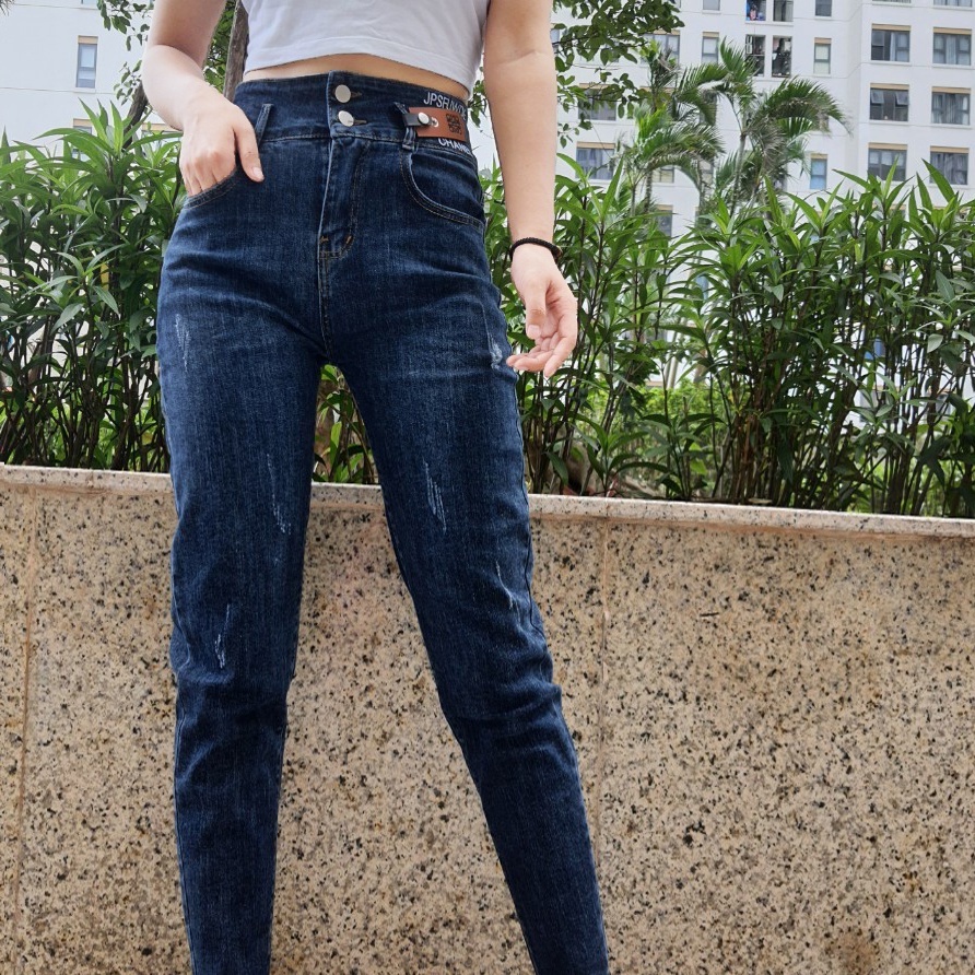 Quần bò nữ baggy đen lưng cao ôm trơn ống đứng chất xịn dày dặn V2014