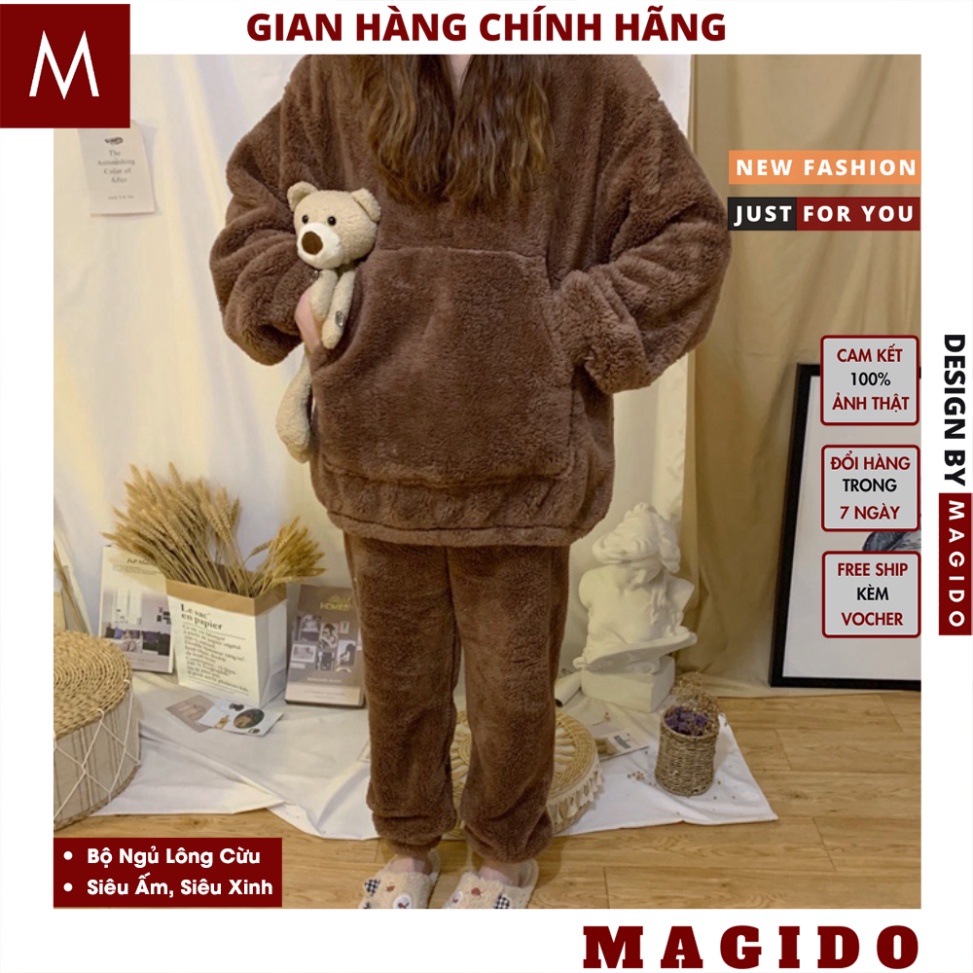 Bộ Ngủ Lông Cừu Mũ Tai Gấu Siêu Xinh, Bộ quần ao ngủ nữ mùa đông ấm áp dày dặn 2 màu Be Nâu, áo lông nữ, MAGIDO