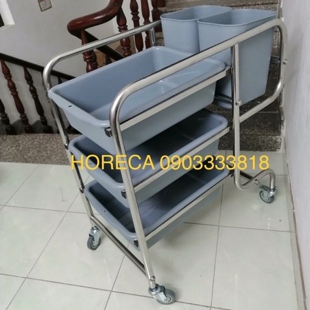 xe đẩy dọn thức ăn thừa, chén bát đũa bẩn