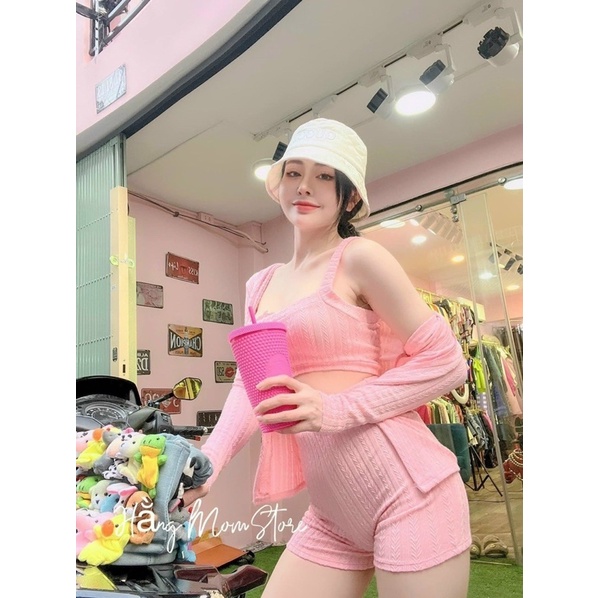 Set Bộ 3 Món Áo Croptop Dây Bản To Short Siêu Cao Kèm Khoác Dài Gân Xương Cá