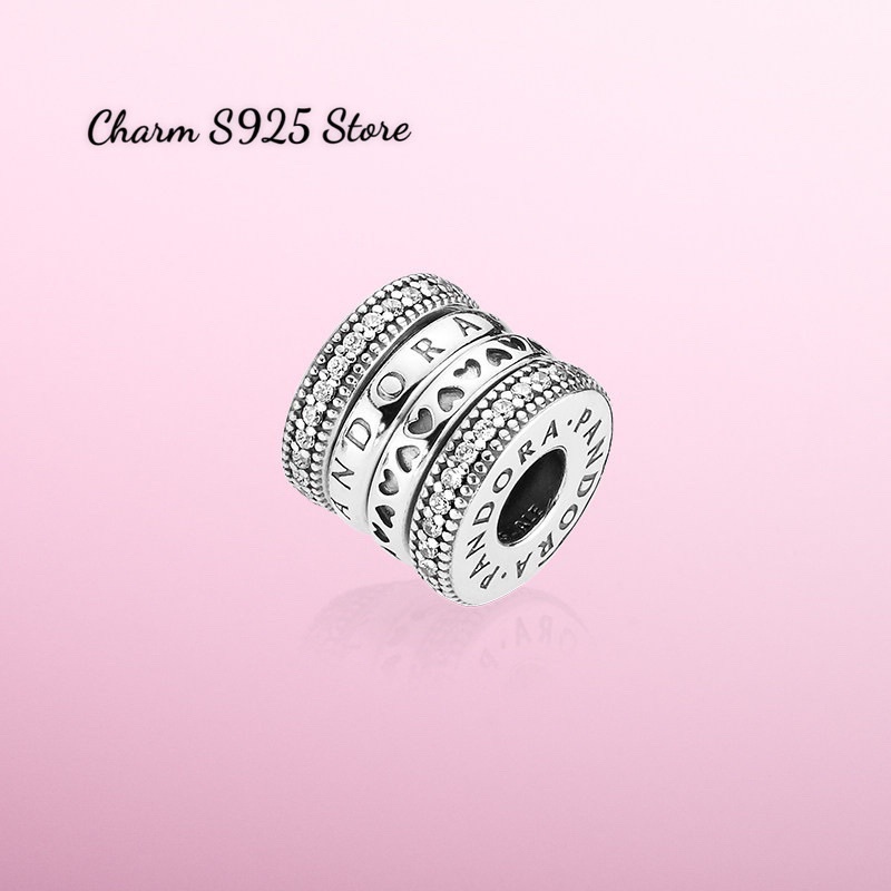 charm pan hình trụ đính đá hoạ tiết logo xoay bạc s925 cao cấp