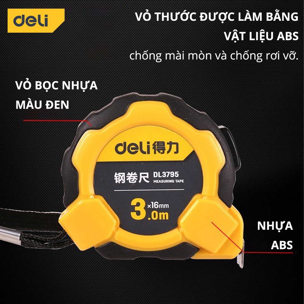 Thước Cuộn Thép Deli Cao Cấp Chính Hãng Đủ Size - Chất Liệu ABS Bọc Cao Su Chắc Chắn Chống Va Đập - DL3796 / EDL9003B