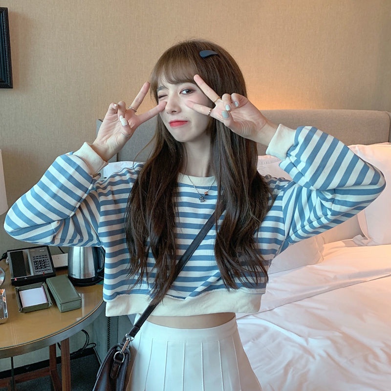 Áo Len Lửng Tay Dài Họa Tiết Sọc Ngang Thời Trang Hàn Quốc Cho Nữ