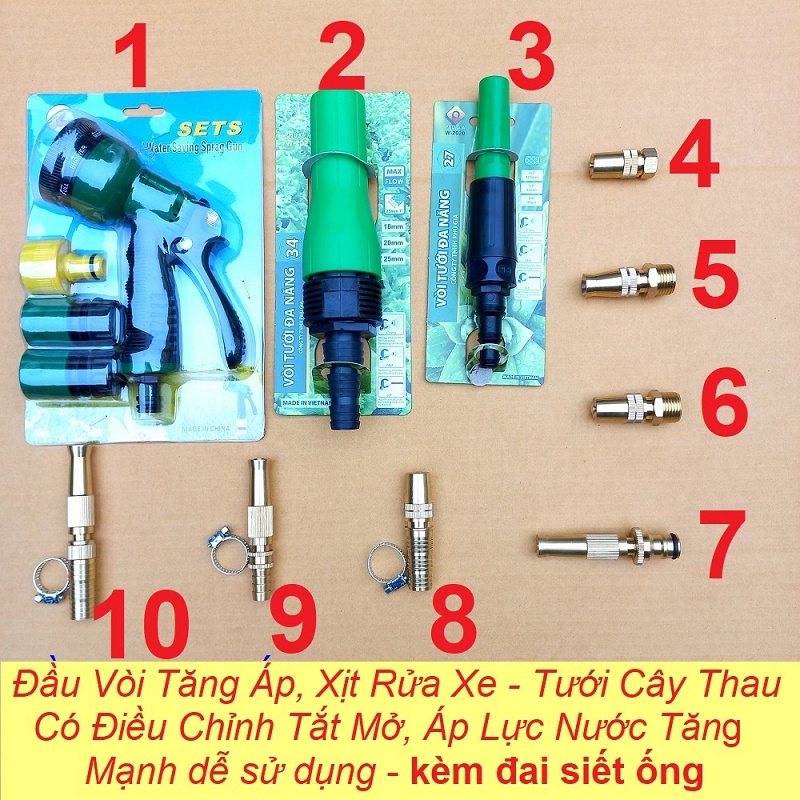 Đầu vòi xịt tăng áp lực nước mini Vòi xịt nước tăng áp đa năng bằng đồng tưới cây rửa xe cực mạnh kèm đai siết ống