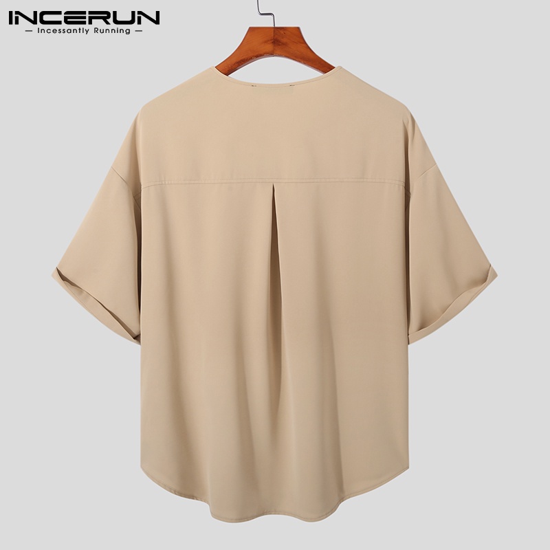 Áo thun INCERUN tay ngắn cổ chữ V màu trơn size S-5XL thời trang cho nam