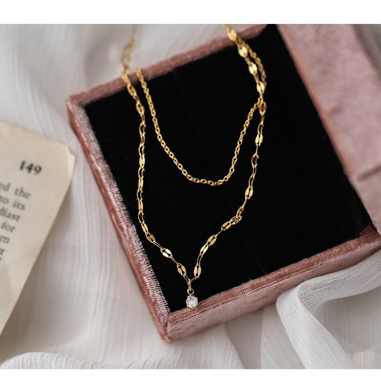 Dây chuyền hai lớp đính đá zircon đơn giản phong cách Nhật Bản nhẹ nhàng sang trọng