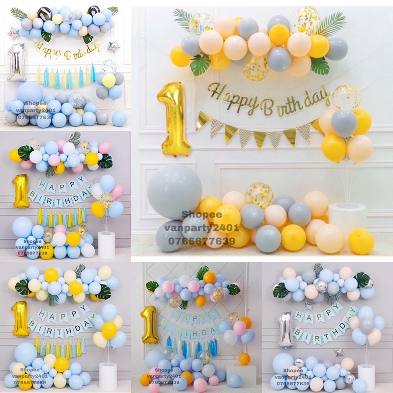 Set bóng trang trí sinh nhật tông màu pastel kèm bóng số tuổi ( Tặng kèm bơm bóng + Keo dán)