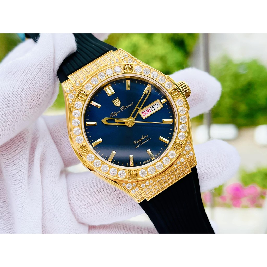 Đồng hồ nam Olym Pianus OP990-45ADGK-X mặt xanh, viền vàng; Thiết kế kiểu dáng Hublot; New100, Fullbox: Bảo hành 2 năm