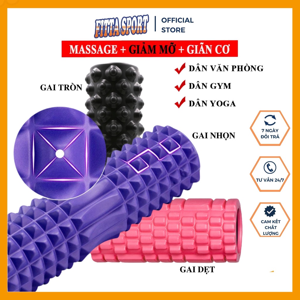 Con Lăn Massage Chân, Tay, Lưng Foam Roller 45 cm x13 cm Gai Nhọn, Ống Lăn Giãn Cơ Yoga YO16