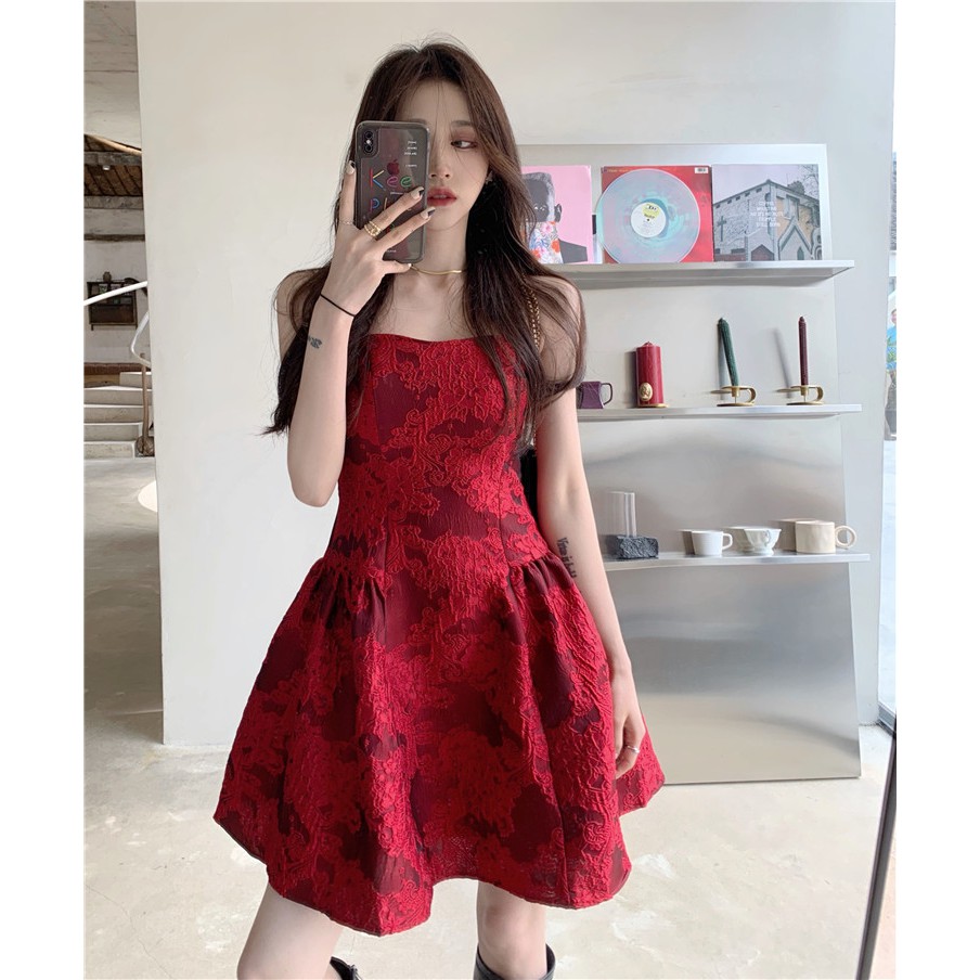 JANE'S Đầm quây dự tiệc công chúa Hoa văn đỏ quyến rũ sàn trọng C048