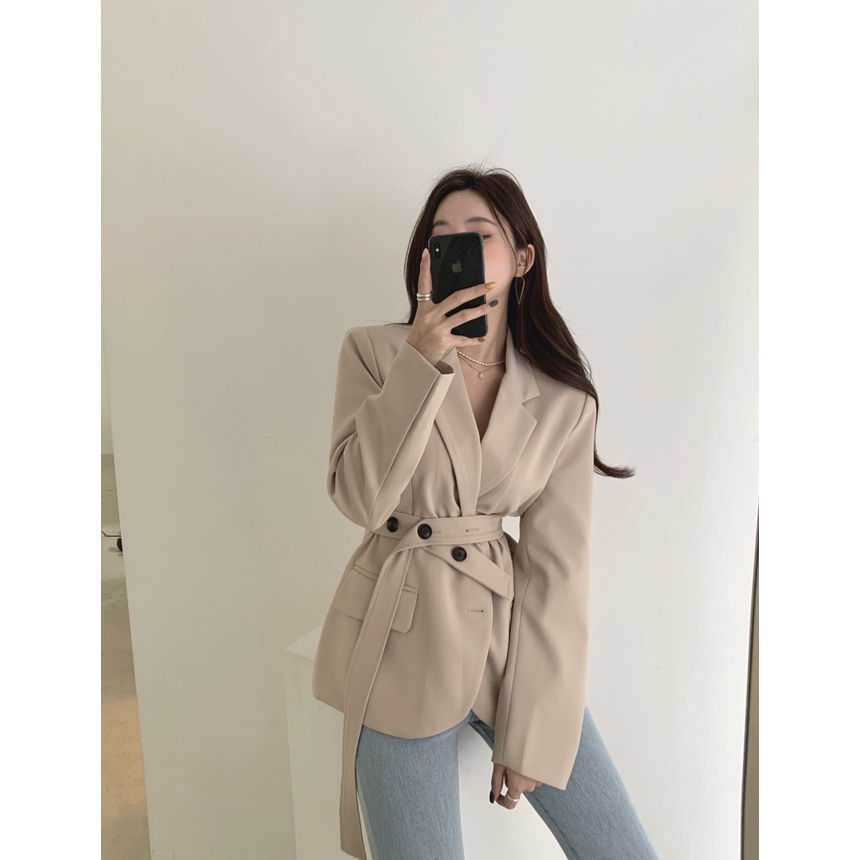 Khoác Blazer Nữ Basic, Áo Khoác Ngoài Mùa Đông Kèm Đai Thắt Eo Form Rộng Kiểu Vintage