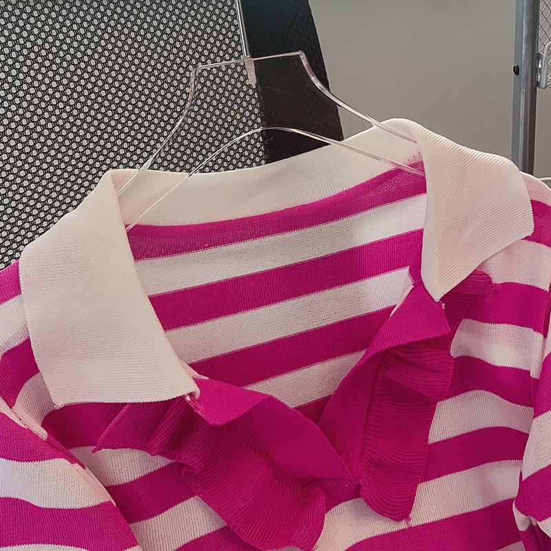 Áo polo Dệt Kim Cổ Bẻ Họa Tiết Kẻ Sọc Thời Trang Mùa Hè Phong Cách Hàn Quốc Mới Cho Nữ
