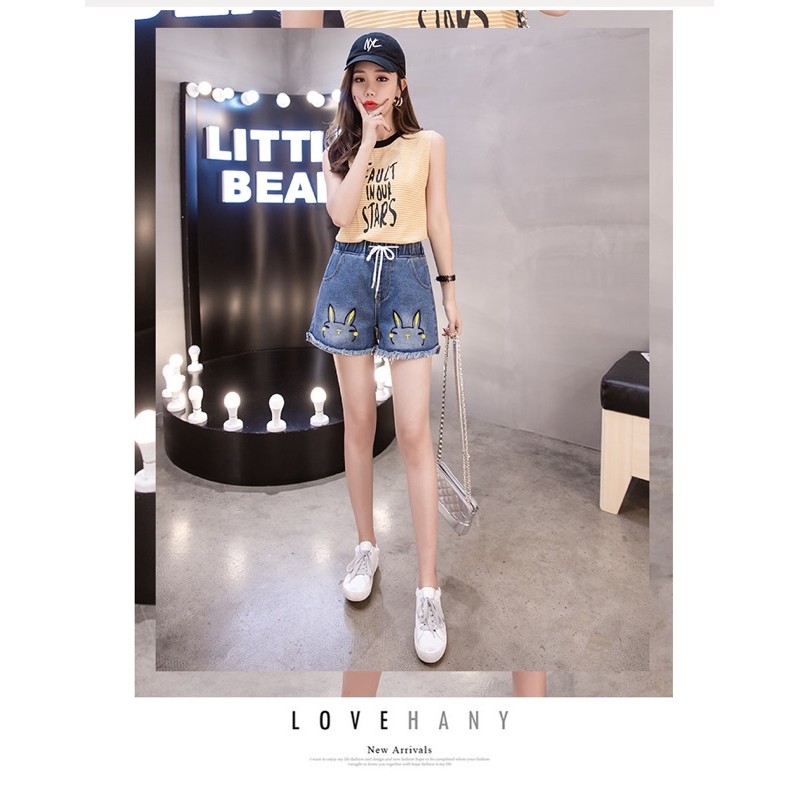 quần short jean màu xanh big size lưng thun thêu hình thỏ  size 70-90kg