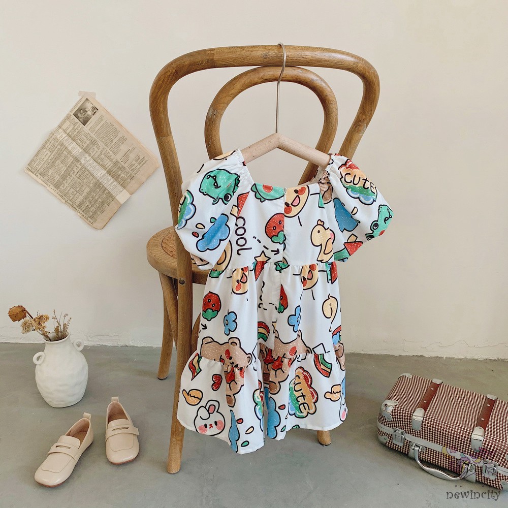 Đầm Tay Phồng Cổ Vuông In Họa Tiết Hoạt Hình Graffiti Phong Cách Hàn Quốc Cho Bé Gái