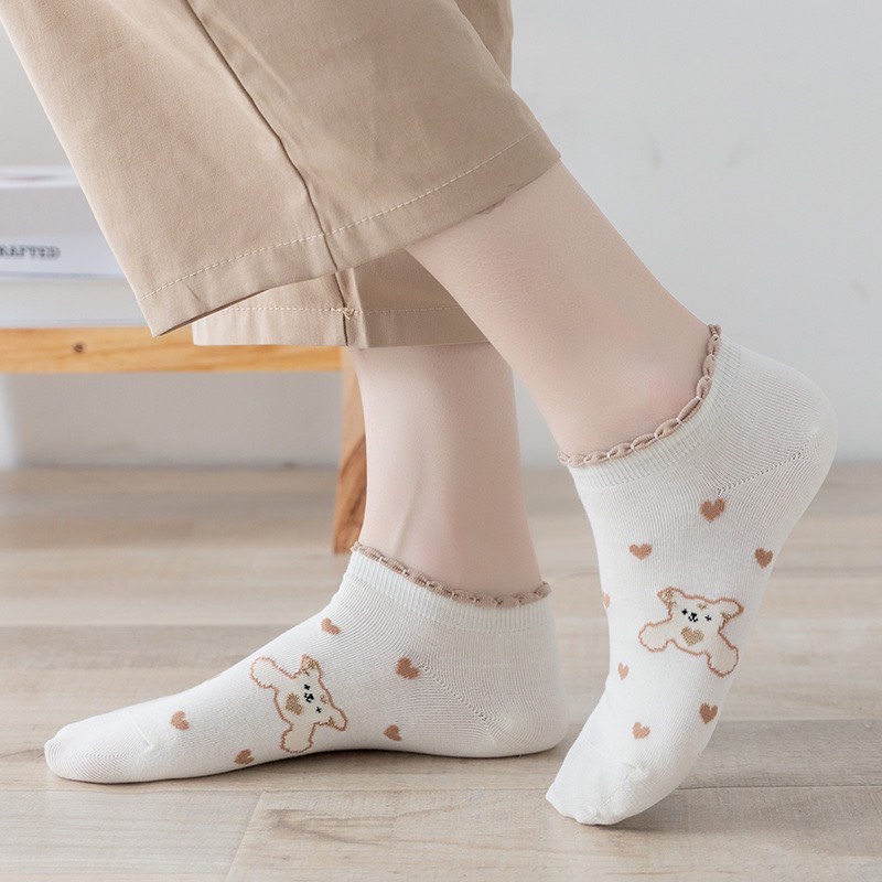 Sét 5 Đôi Tất Nữ Gấu Cổ Ngắn Bèo Tone Màu Trà Sữa Siêu Xinh