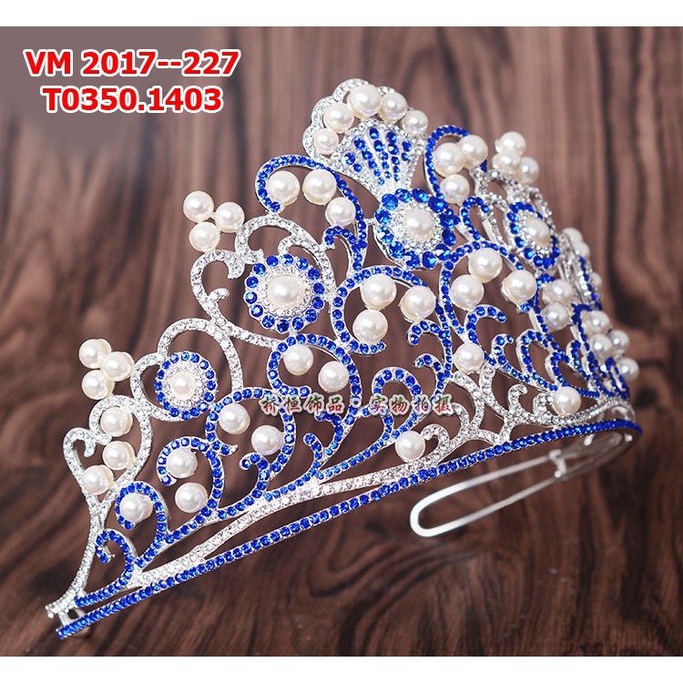 Vương miện cô dâu xanh biển đính hạt trai