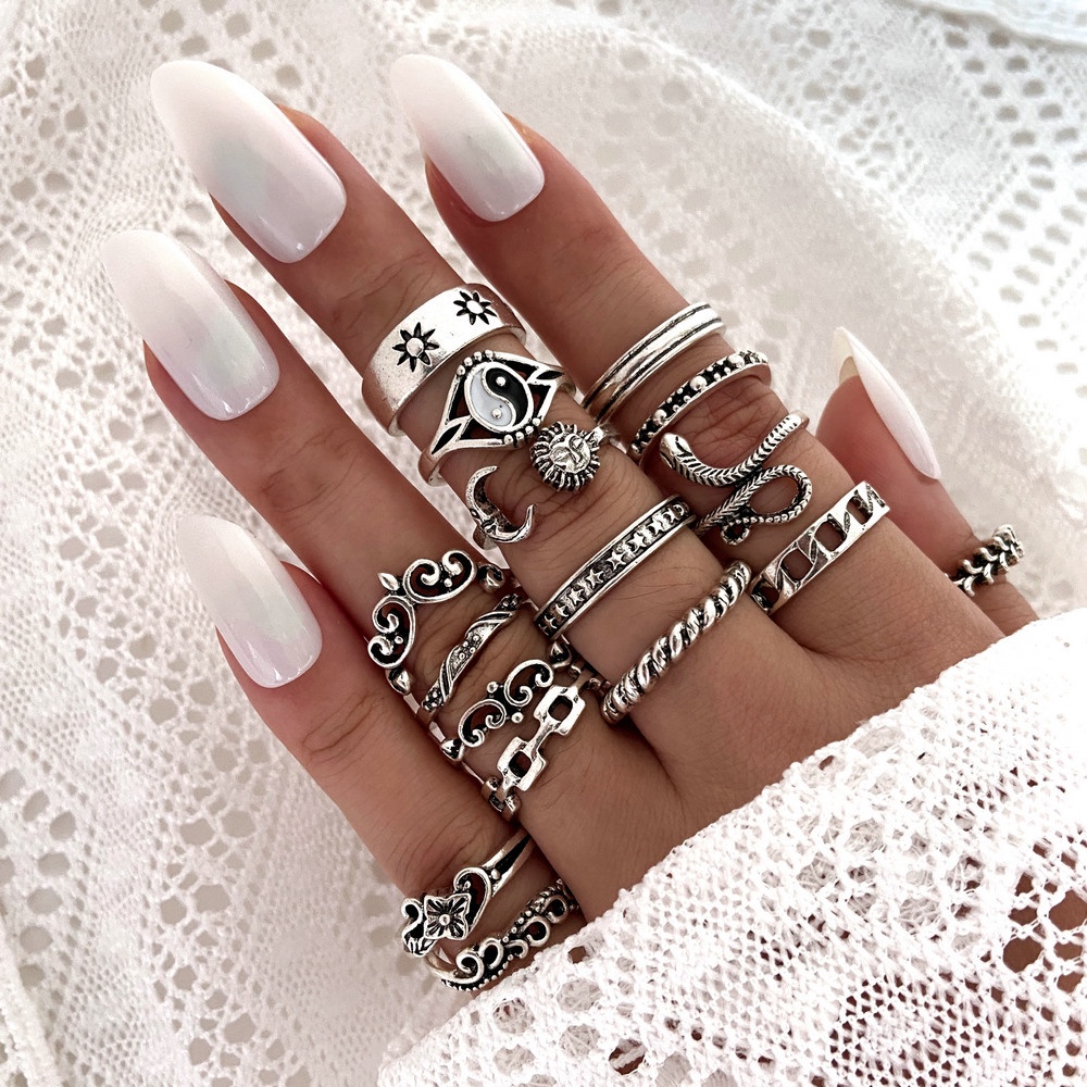 Set 15 Nhẫn Đeo Tay Kim Loại Phong Cách Retro Cho Nữ