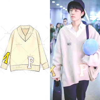 [Tặng cài áo]Áo len trắng rộng chữ thêu mùa đông diễn viên Tiêu Chiến ( Xiao Zhan) phong cách Hàn quốc