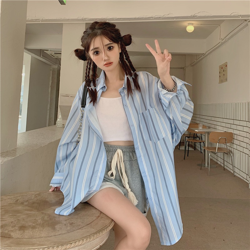 Áo Sơ Mi Tay Dài Kẻ Sọc In Chữ Thời Trang Dành Cho Nữ