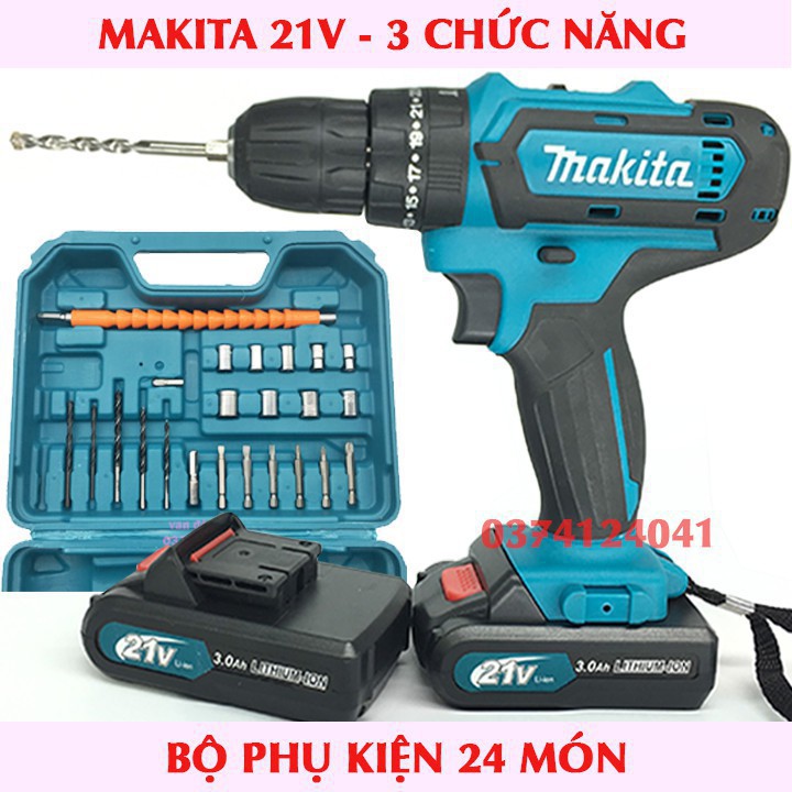 Máy Khoan Bê Tông MAKITA 21V - TẶNG Kèm 24 Chi Tiết - 100% Lõi Đồng - Pin Chuẩn 5 CELL - Made in MALAYSIA