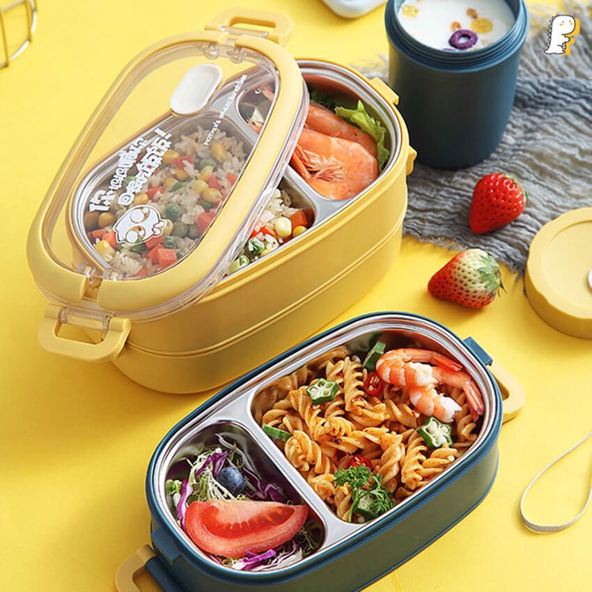 [FULL COMBO] Hộp Cơm Giữ Nhiệt Lúa Mạch 2 Tầng Ruột Inox 304, Hộp cơm văn phòng dung tích 1,5l + Túi giữ nhiệt họa tiết