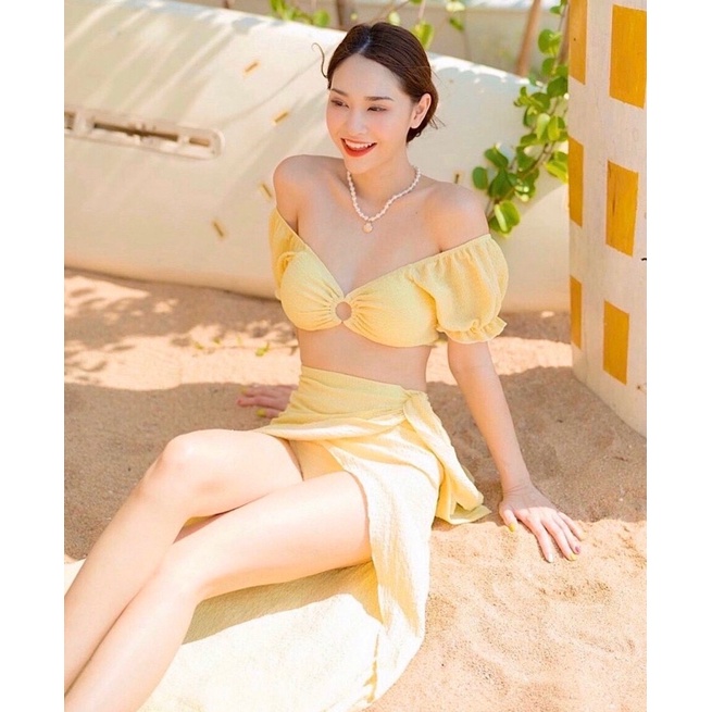 [BIKINI  LOẠI 1] Bikini nữ, đồ bơi nữ đi biển 3 mảnh vải XỐP áo trễ vai tay bèo mix chân váy dài khoác ngoài nhiều màu