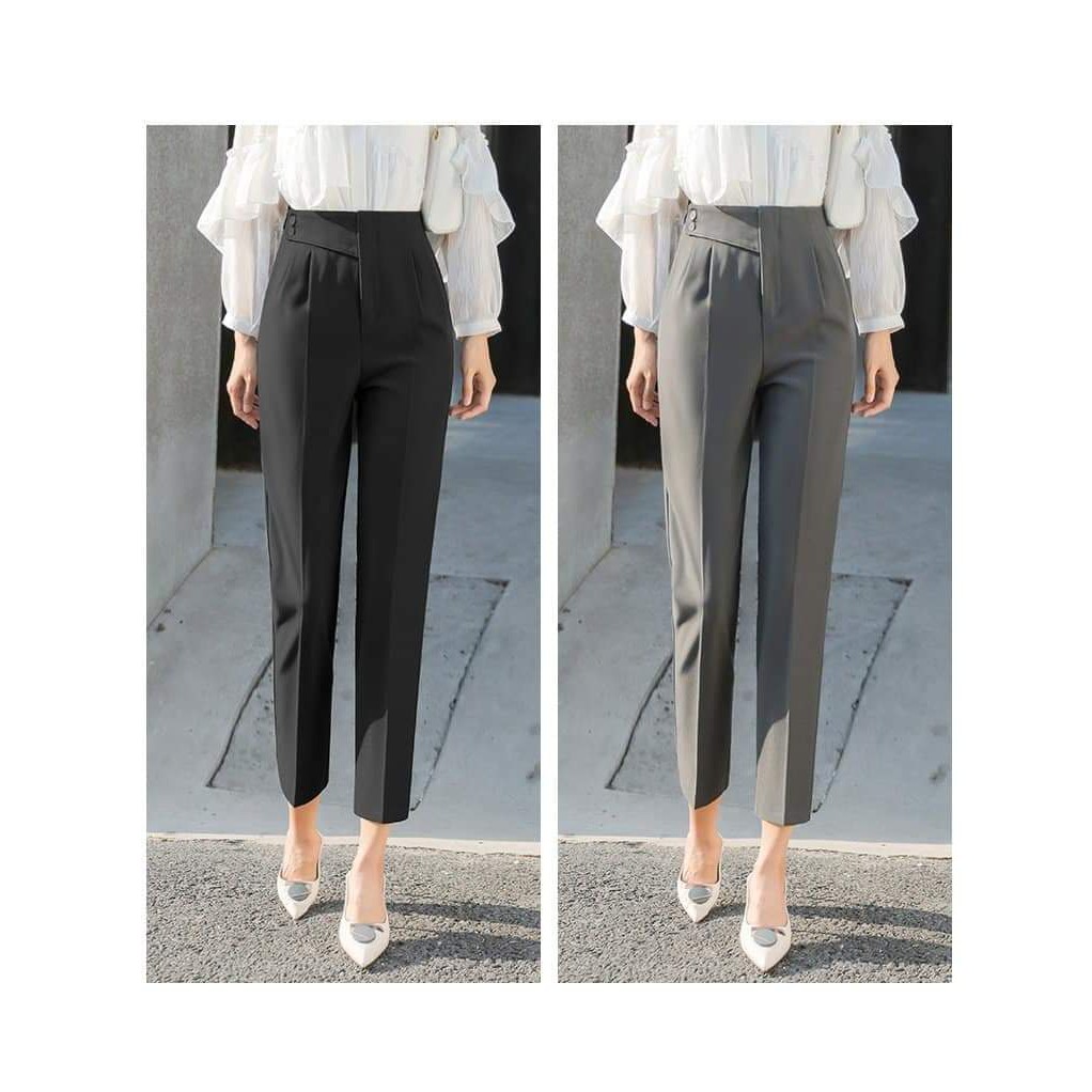 Quần baggy cạp cao lưng  thiết kế vạt chéo đính 2 khuy - Màu Đen Ghi - Vảy mềm mịn dày dặn - Mặc đi học làm công sở