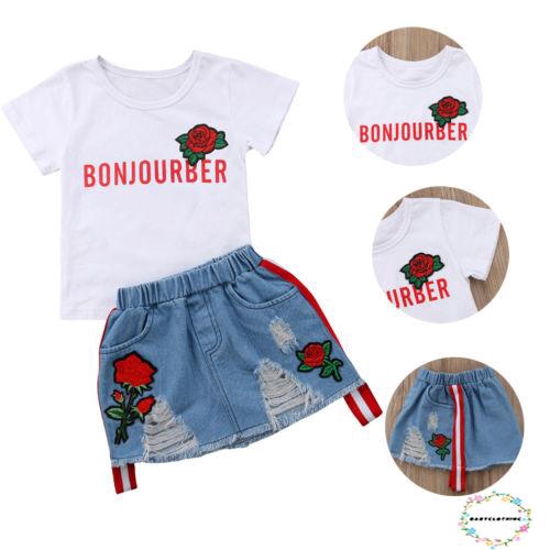 ღWSVღNewborn Kid Baby Girl Cotton Tops T-shirt Floral Skirts Denim Dress Outfit