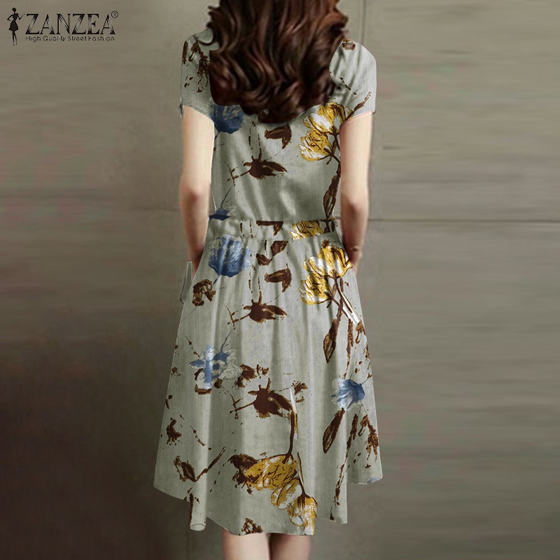 Đầm Zanzea tay ngắn cổ tròn in họa tiết hoa phong cách cổ điển dành cho nữ