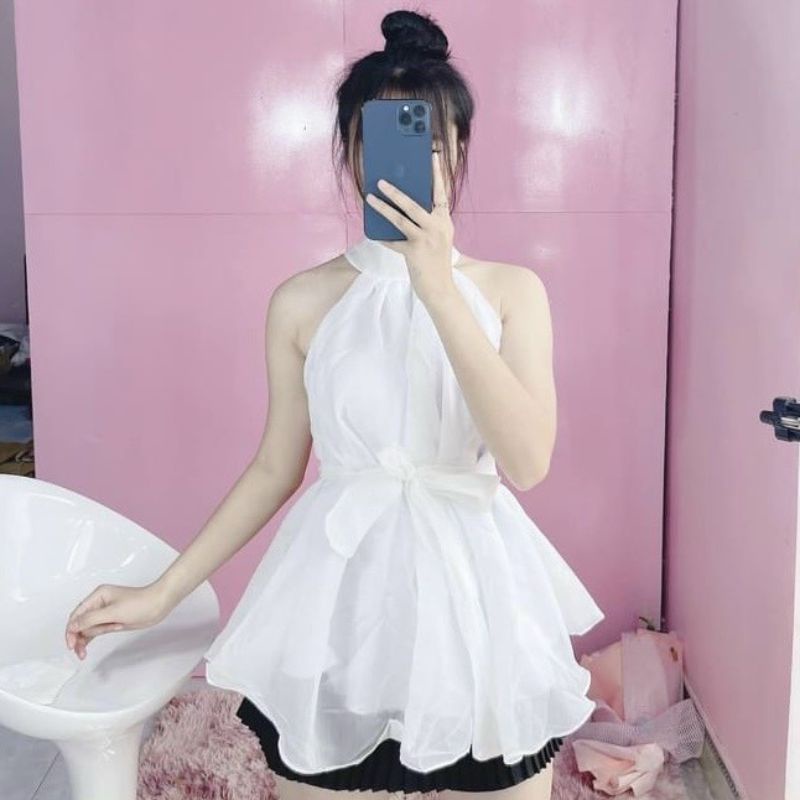 Áo kiểu yếm cố trụ chất voan tơ tặng kèm dây cột mang được nhiều kiểu - AO065