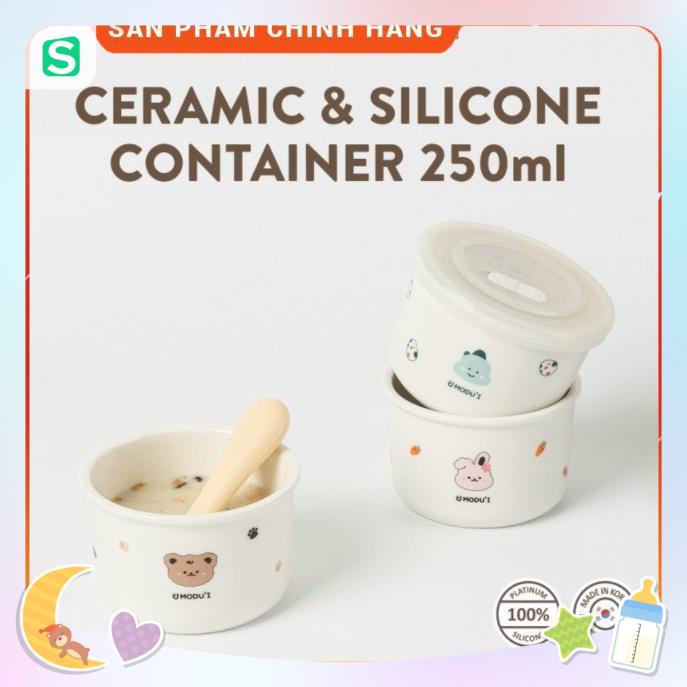 Bát ăn dặm gốm sứ cao cấp CERAMIC BOWL cho bé có nắp Silicon Modui Bluemama Hàn Quốc