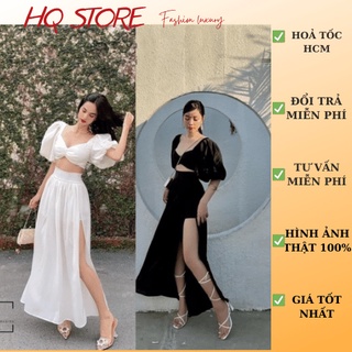 [Maxi] Sét maxi đi biển vổ tim, áo tay bầu nhúm lưng kèm mút, váy xẻ tà bo eo có quần trong - Maxi HQ store