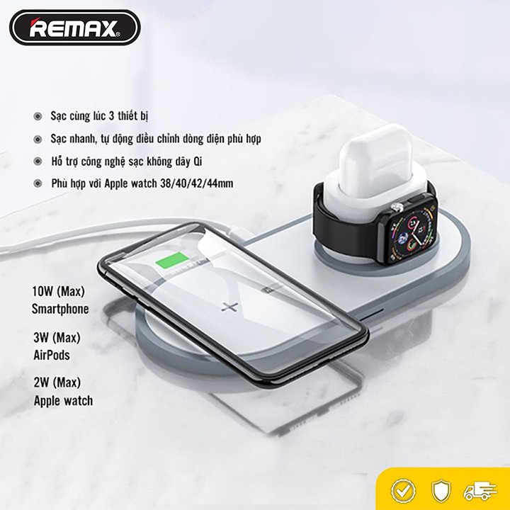Dock sạc nhanh không dây 3 in 1 Remax RP-W13 sạc được cho iPhone, Android, Apple Watch và Airpods