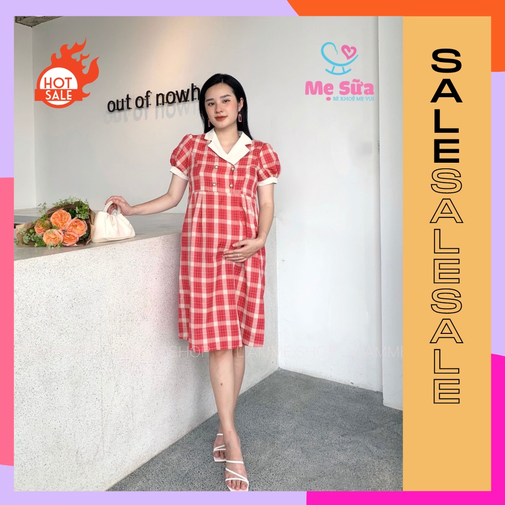Váy đầm bầu kẻ cổ bèo cách điệu thanh lịch đi làm đi chơi cho con tu ti cho bầu và sau sinh, big size cho các nàng