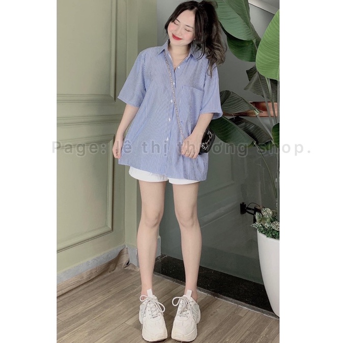 Set quần short trắng mix Sơ mi kẻ sọc tay lỡ 1 túi