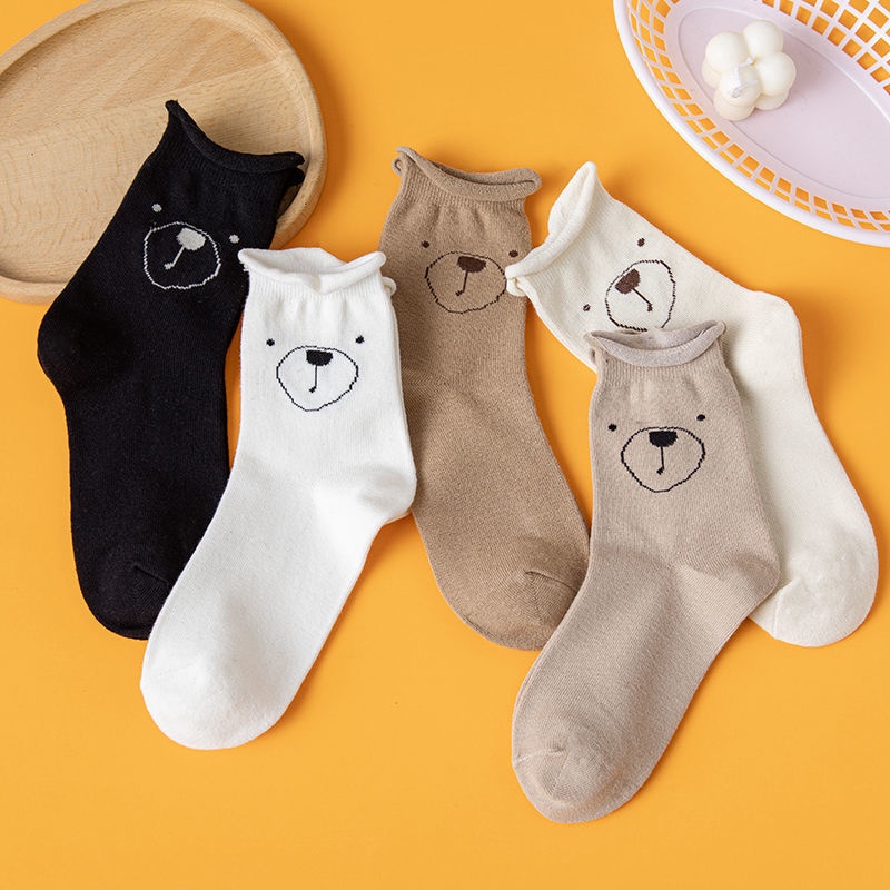 Tất vớ nữ cổ cao cotton mỏng thoáng hoạ tiết mặt gấu màu sắc hot trend dễ thương
