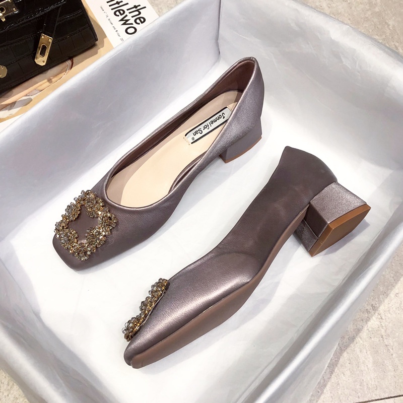 Giày Cao Gót 3Cm Mũi Vuông Đính Nơ Đính Đá Dành Cho Phù Dâu